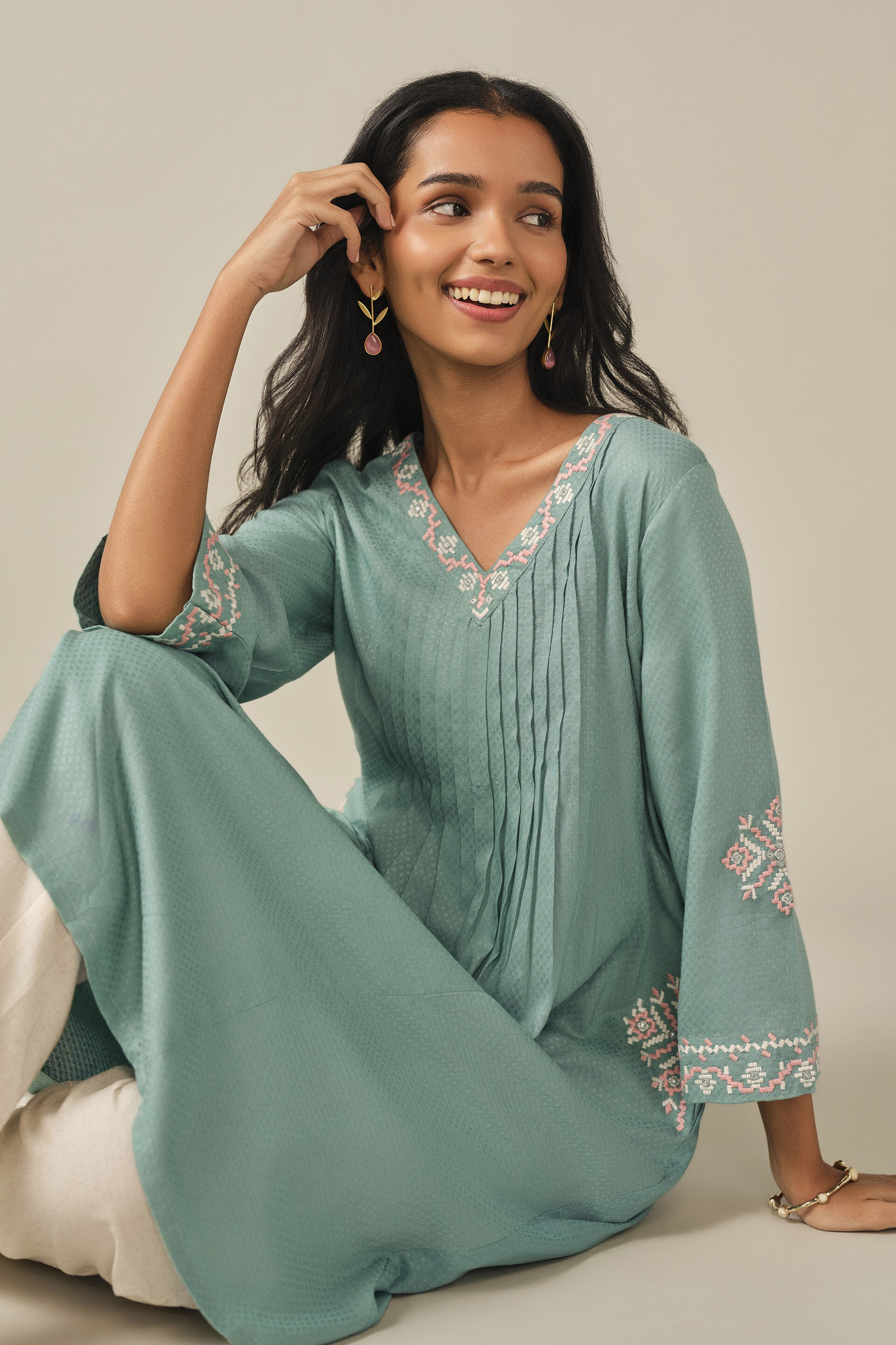 A-Line Embroidered Kurta in Teal, Teal, image 2